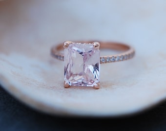 Emerald Cut Sapphire ring. Blake Lively engagement ring.  14k rose gold diamond hidden halo ring. Pink sapphire ring by Eidelprecious.