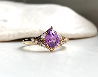 Aletta 2 Purple Sapphire Engagement Ring: Butterfly Wing Setting 14k gold, lab diamonds