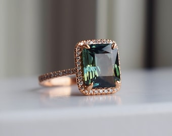 Green Sapphire Ring Gold Emerald Cut Diamond Halo Engagement Ring Radiant Cut Ring Sapphire Engagement Ring Wedding ring Anniversary Ring