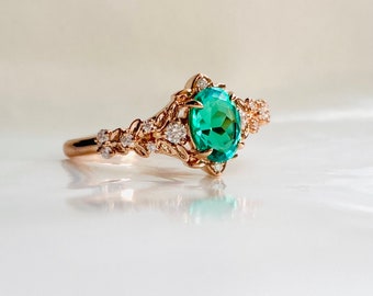 Arwen Emerald Engagement Ring Gold Moissanite Diamond Engagement Ring Whimsical Fantasy Ring Fairytale Ring