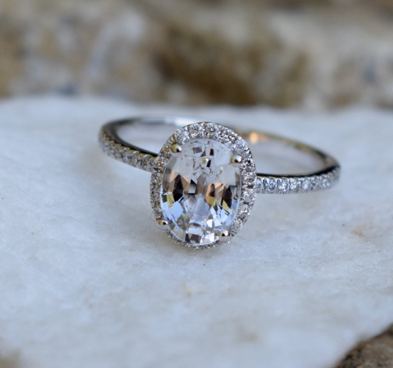 Oval white sapphire ring. 1.6ct White sapphire engagement ring. White gold sapphire engagement ring. Halo engagement ring by Eidelprecious image 3