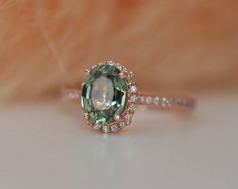 Spring Green Sapphire Diamond Ring 14k rose gold engagement ring by Eidelprecious