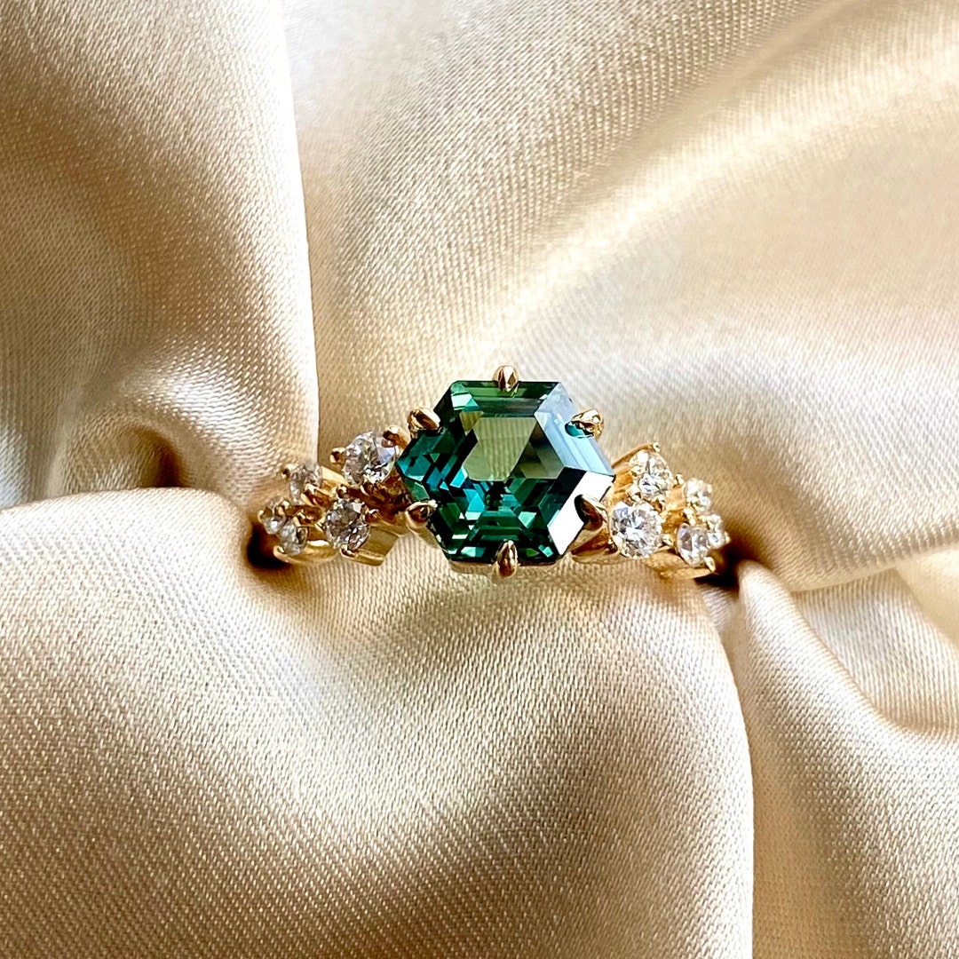 Hexagon Engagement Ring Neon Green Sapphire Engagement Ring Gold ...