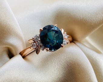 Amazon 3ct teal sapphire ring engagement ring rose Gold Diamond Cluster ring Oval Round sapphire engagement ring. Botanical ring