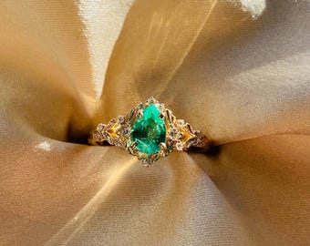 Greta Natural Emerald Engagement Ring: 14k Gold Diamond Fantasy Ring
