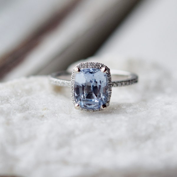 Eidelprecious Ice Blue sapphire ring. 2.4ct light blue color change sapphire cushion diamond ring 14k white gold ring engagement ring