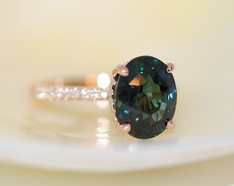Peacock Green sapphire engagement ring. Peacock sapphire 5ct oval diamond  ring 14k Rose gold ring by Eidelprecious