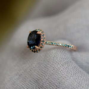 Blue Green sapphire ring. Peacock engagement ring. Oval Teal sapphire ring. 14k Rose gold engagement ring by Eidelprecious image 3