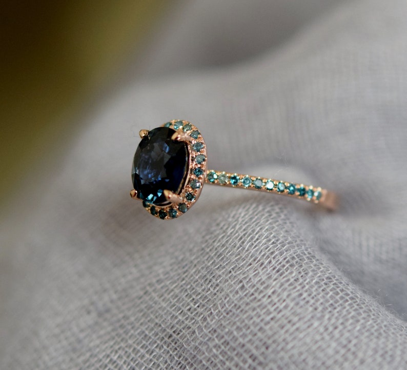 Blue Green sapphire ring. Peacock engagement ring. Oval Teal sapphire ring. 14k Rose gold engagement ring by Eidelprecious image 3