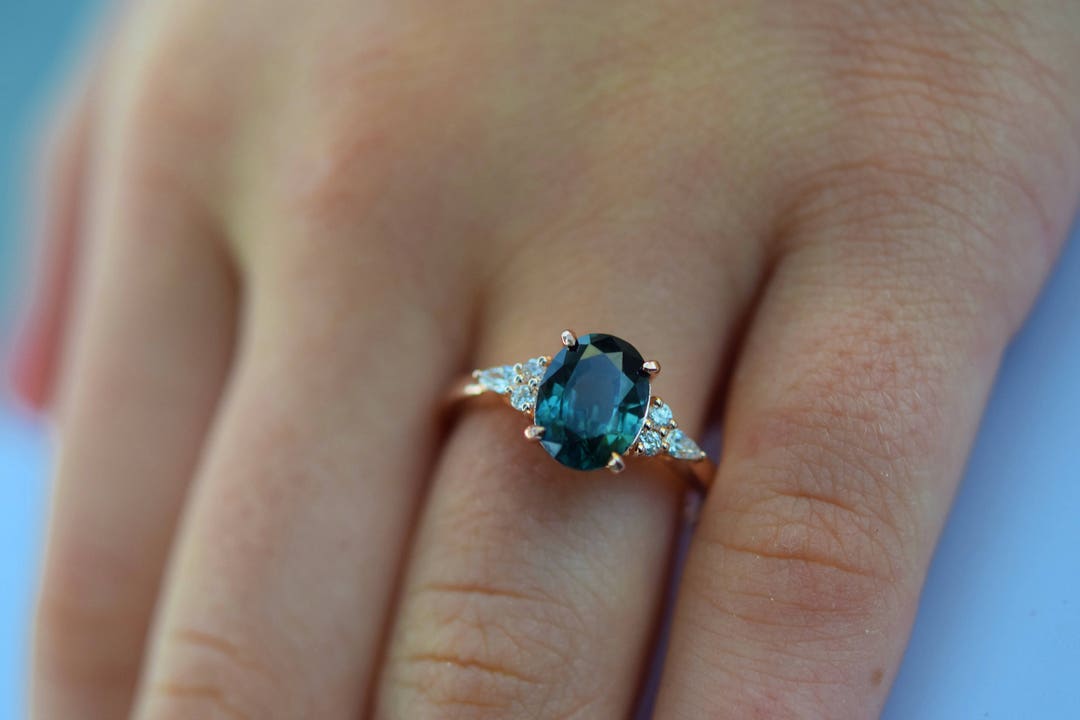 Teal Sapphire Engagement Ring: Oval Diamond, 14k Rose Gold