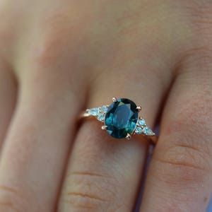 Teal sapphire engagement ring. Peacock green sapphire 3.1ct oval diamond ring 14k Rose gold. Campari Engagement ring by  Eidelprecious.