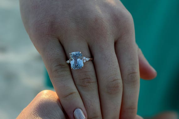 2 carat blue sapphire engagement ring, white gold leaf ring with diamond  halo / Florentina | Eden Garden Jewelry™