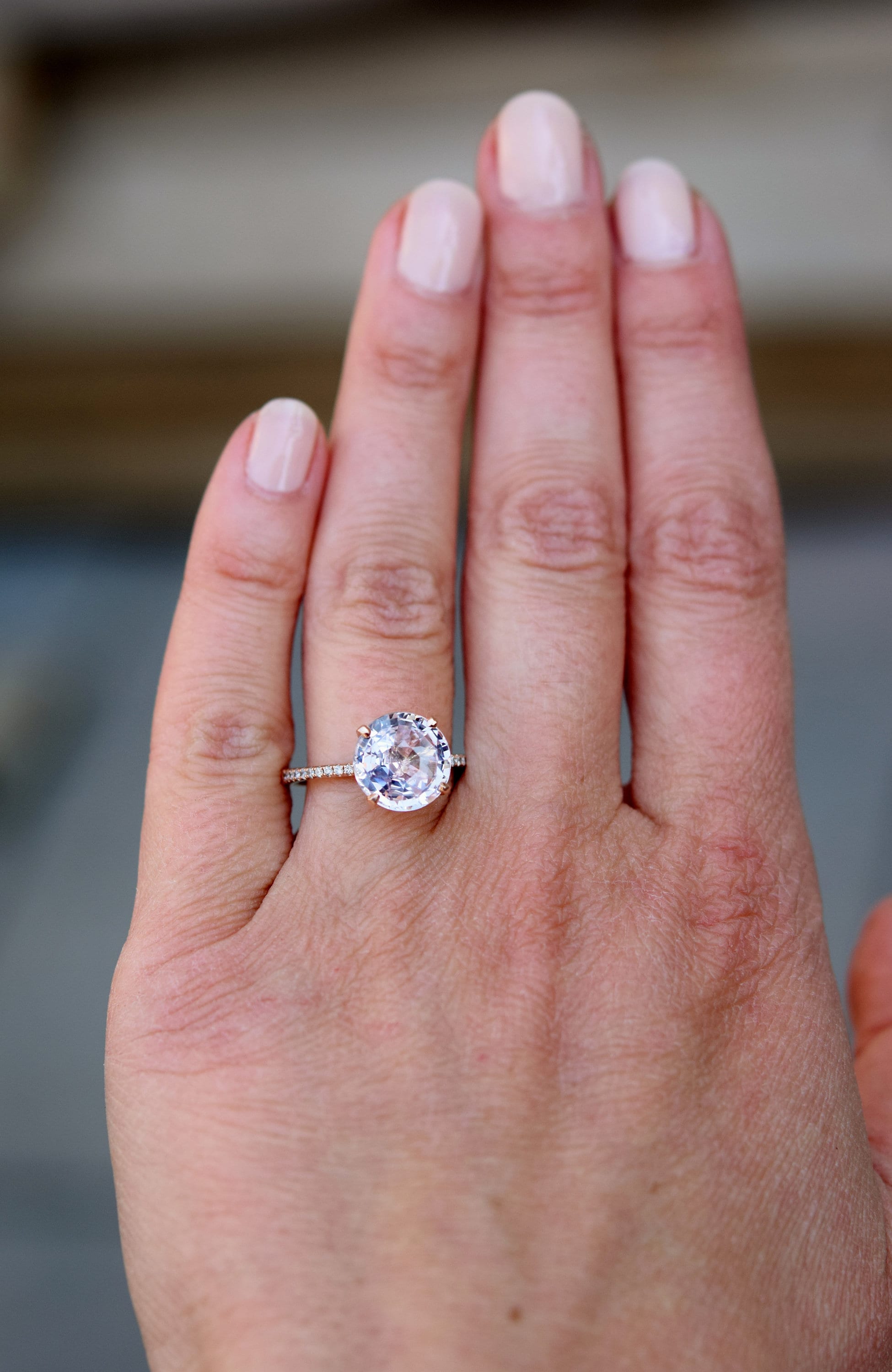 Rose gold engagement ring. White sapphire diamond ring. Martini setting ...