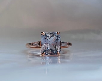 Mood Ring. Sapphire engagement ring. 3.5ct Moody Sapphire ring, emerald cut. 3 stone ring, baguette diamonds. Classic engagement ring