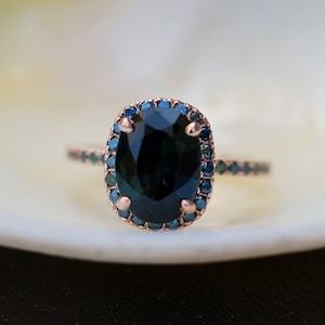 Blue Green sapphire engagement ring. Peacock sapphire cushion halo blue green diamond ring 14k Rose gold ring by Eidelprecious
