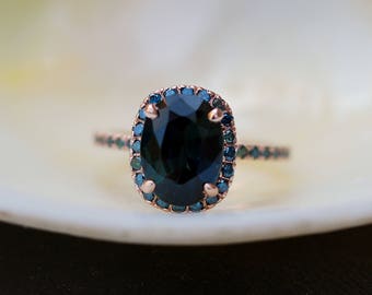 Blue Green sapphire engagement ring. Peacock sapphire cushion halo blue green diamond ring 14k Rose gold ring by Eidelprecious