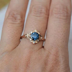 Vintage inspired Blue Sapphire Engagement Ring Round Sapphire Ring 14k Rose Gold, Multi Stone Ring Unique Sapphire Ring Elegant Vintage Ring image 9