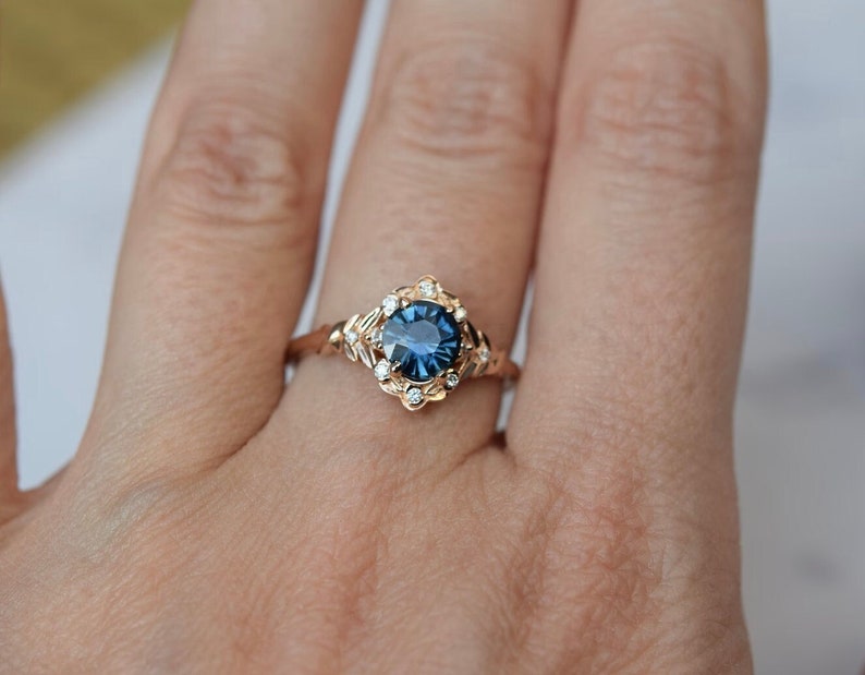 Vintage inspired Blue Sapphire Engagement Ring Round Sapphire Ring 14k Rose Gold, Multi Stone Ring Unique Sapphire Ring Elegant Vintage Ring image 9