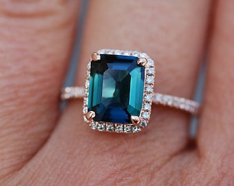 Peacock sapphire engagement ring. 2.6ct emerald cut blue green sapphire ring diamond ring 14k Rose gold ring by Eidelprecious.