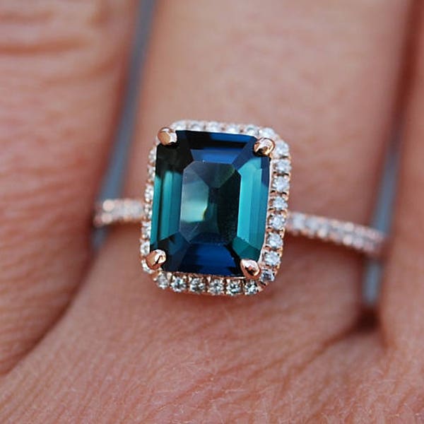 Peacock sapphire engagement ring. 2.6ct emerald cut blue green sapphire ring diamond ring 14k Rose gold ring by Eidelprecious.
