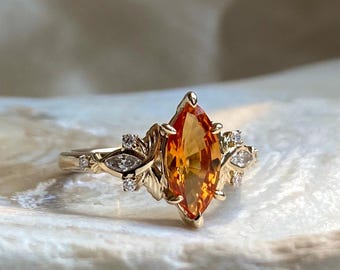 Yara Fiery Orange Sapphire Butterfly Ring: 14k Gold Lab Diamond Engagement Ring