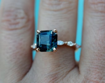 5ct Radiant Blue sapphire engagement ring. Peacock blue sapphire 5ct square diamond ring 14k Rose gold ring Godivah ring