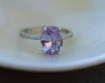 Lavender blush sapphire ring engagement ring 2.58ct oval cut lavender pink sapphire ring 14k white gold diamond ring by Eidelprecious