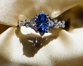 Arwen Blue Star Sapphire Ring, 14k white gold, diamonds. Fantasy inspired elvish engagement ring.