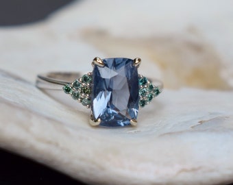 Green Martini engagement ring. Grey blue sapphire engagement ring. 3ct cushion cut blue sapphire ring diamond ring by Eidelprecious.