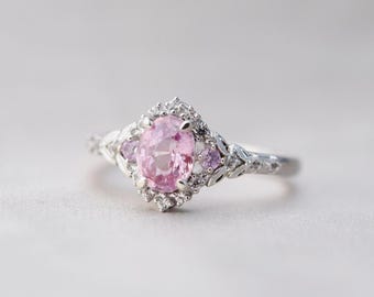 Kassandra Elvish Pink Sapphire Engagement Ring 14k White Gold, Moissanites or Diamonds