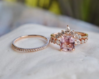 Radiant cut Peach Sapphire Engagement Ring set. Princess cut engagement ring. Bridal set. 14k rose gold diamond ring 3ct sapphire ring