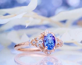 Arwen tanzanite engagement ring. LOTR Fantasy ring. Rose gold engagement ring. Lavender blue tanzanite diamond ring by Eidelprecious