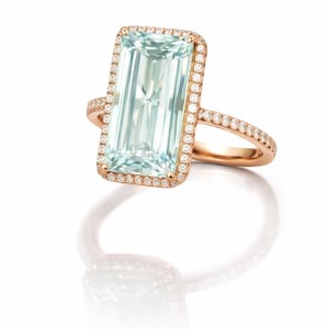 Emerald Cut Aquamarine Engagement Ring – 14k Rose Gold Diamond Halo, Seafoam Green