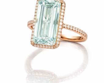 Emerald Cut Aquamarine Engagement Ring – 14k Rose Gold Diamond Halo, Seafoam Green