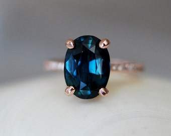 Peacock sapphire ring. GIA Blue green sapphire engagement ring. Peacock blue sapphire 6.05ct oval diamond  ring 14k Rose gold ring.