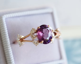 Grape sapphire engagement ring in 14k Rose Gold. Cluster Engagement ring. Purple pink Ring by Eidelprecious.