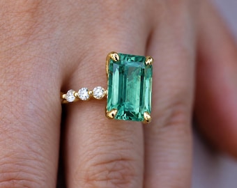 Emerald Cut Green Blue Tourmaline Ring: Gold Diamond Engagement Ring