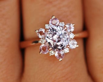 Snowflake ring Sapphire engagement ring Round Peach sapphire ring Diamond ring Rose gold ring engagement ring by Eidelprecious