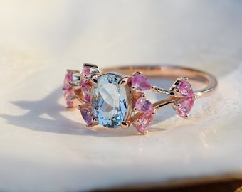 Butterfly meadow aquamarine sapphire engagement ring in 14k rose Gold. Cluster Engagement ring. Pink and Blue Ring by Eidelprecious.