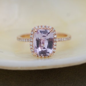 Rose gold sapphire ring. 1.88ct Lavender Blue sapphire diamond ring 14k rose gold cushion engagement ring