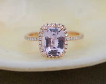 Rose gold sapphire ring. 1.88ct Lavender Blue sapphire diamond ring 14k rose gold cushion engagement ring