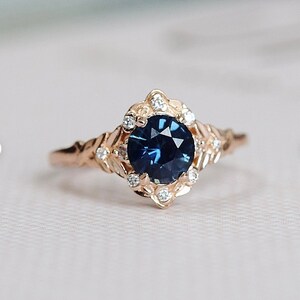 Vintage inspired Blue Sapphire Engagement Ring Round Sapphire Ring 14k Rose Gold, Multi Stone Ring Unique Sapphire Ring Elegant Vintage Ring image 4