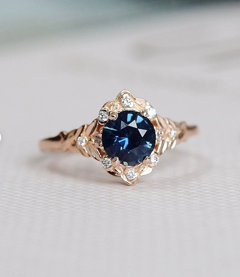 Vintage inspired Blue Sapphire Engagement Ring Round Sapphire Ring 14k Rose Gold, Multi Stone Ring Unique Sapphire Ring Elegant Vintage Ring image 4