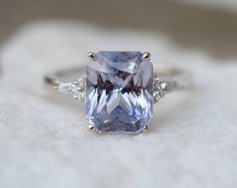 Lavender sapphire ring Engagement ring 14k white gold diamond ring 4.5ct emerald cut dusty lavender sapphire ring Campari  by Eidelprecious