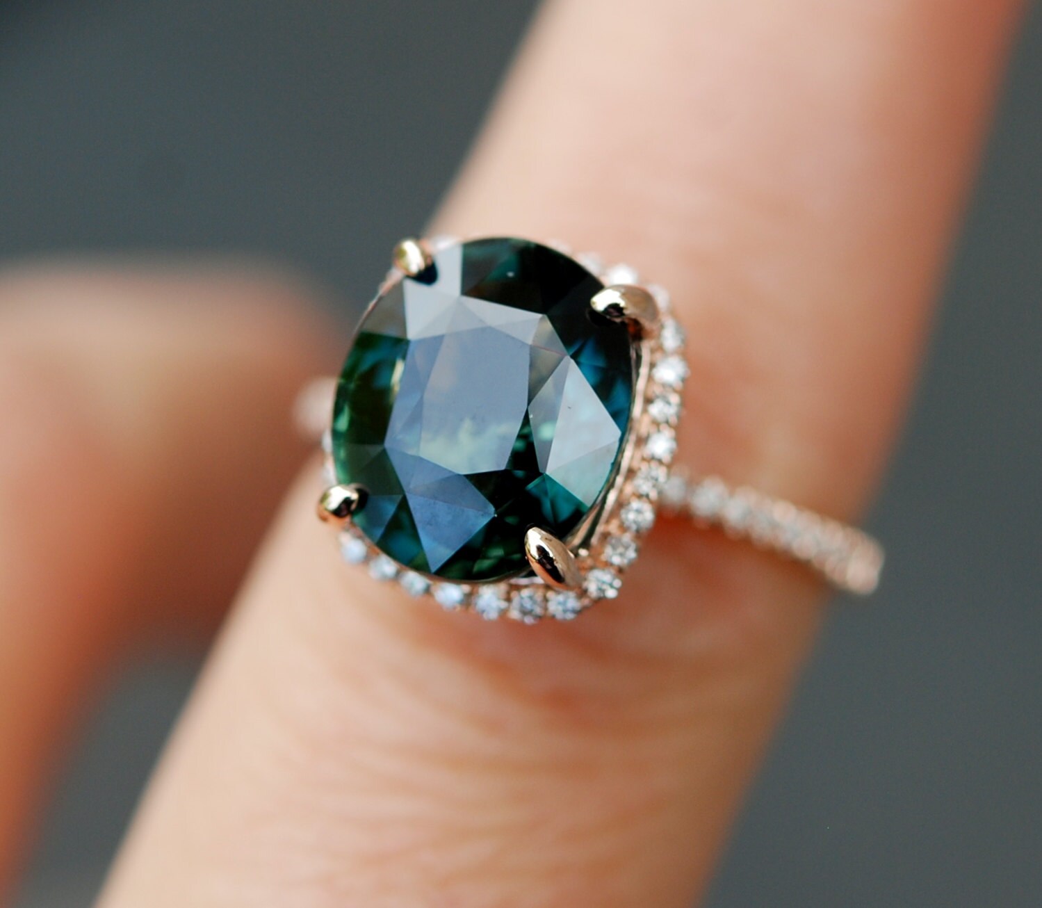 Rose Gold Engagement ring. Peacock Green Blue Sapphire ring. 2.5ct ...