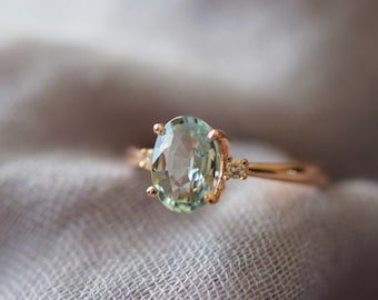 Mint sapphire ring. Rose gold engagement ring. Mint Green Sapphire ring 3 stone ring oval cut Rose gold diamond ring 2ct sapphire ring