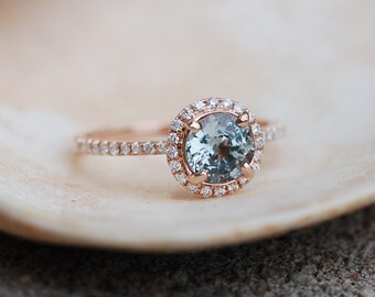 1.13ct Mint green blue round sapphire diamond ring 14k rose gold engagement ring