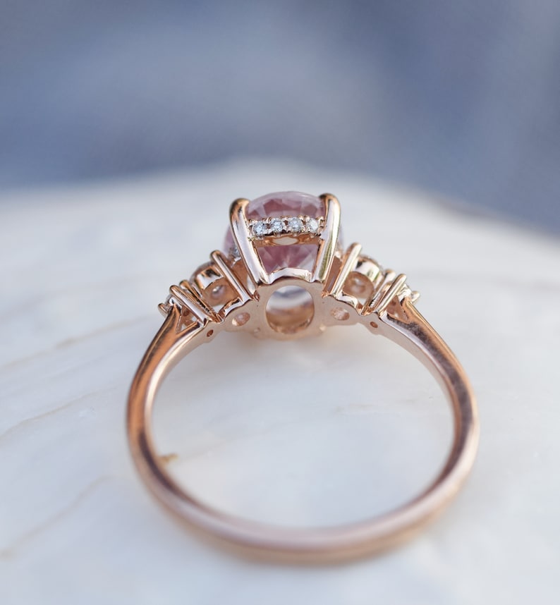 Classic engagement ring, Lavender Peach Sapphire Engagement Ring. Oval cut engagement ring in 14k rose gold by Eidelprecious image 4