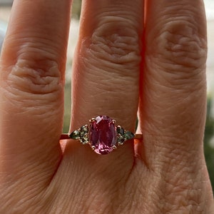 Padparadscha sapphire engagement ring. Pink and green gemstone ring. Floral engagement ring by Eidelprecious image 2