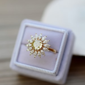 Boho Floral Engagement Ring: Yellow Moissanite, 14k Gold Sunburst